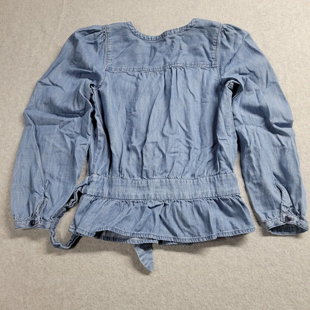 Madewell Womens XXS Blue‎ Denim 3/4 Puff Sleeve Peplum Wrap Blouse Cotton Blend